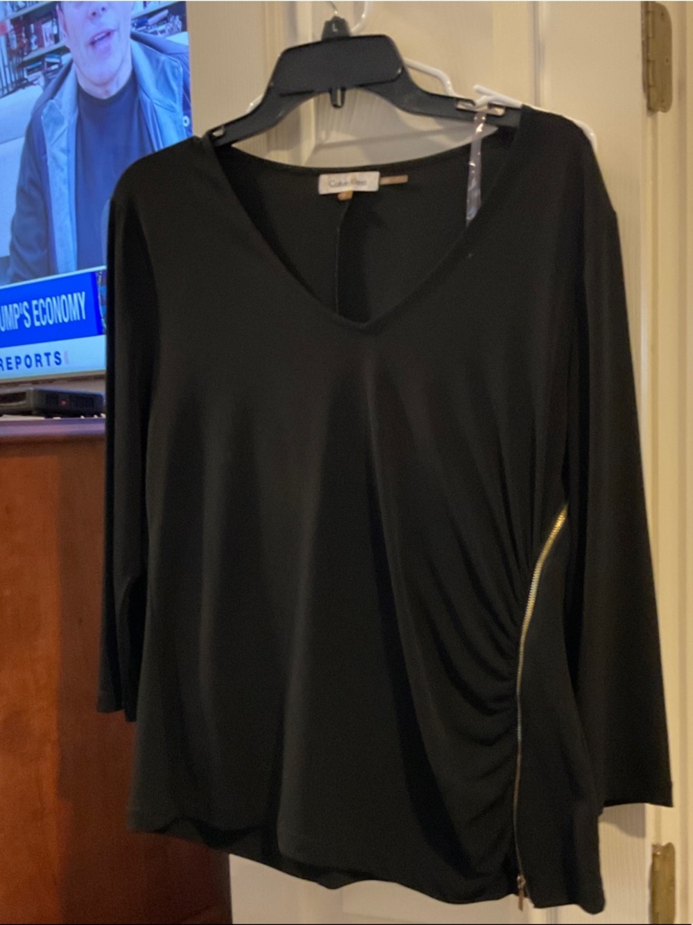 Calvin Klein Black V-Neck Long Sleeve Top with Side Zip Accent